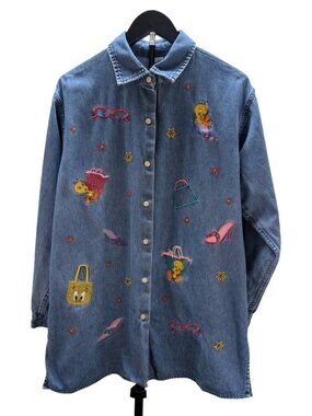 Vintage Warner Bros Studio Store Tweety Bird Embroidered Denim Tunic Top Medium